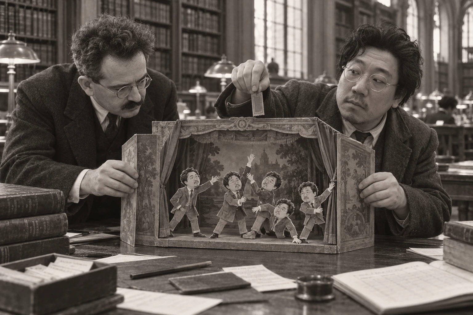 He Fa holds up a ticket stub to lure small paper doubles onto a paper theatre while Benjamin folds its wings shut.