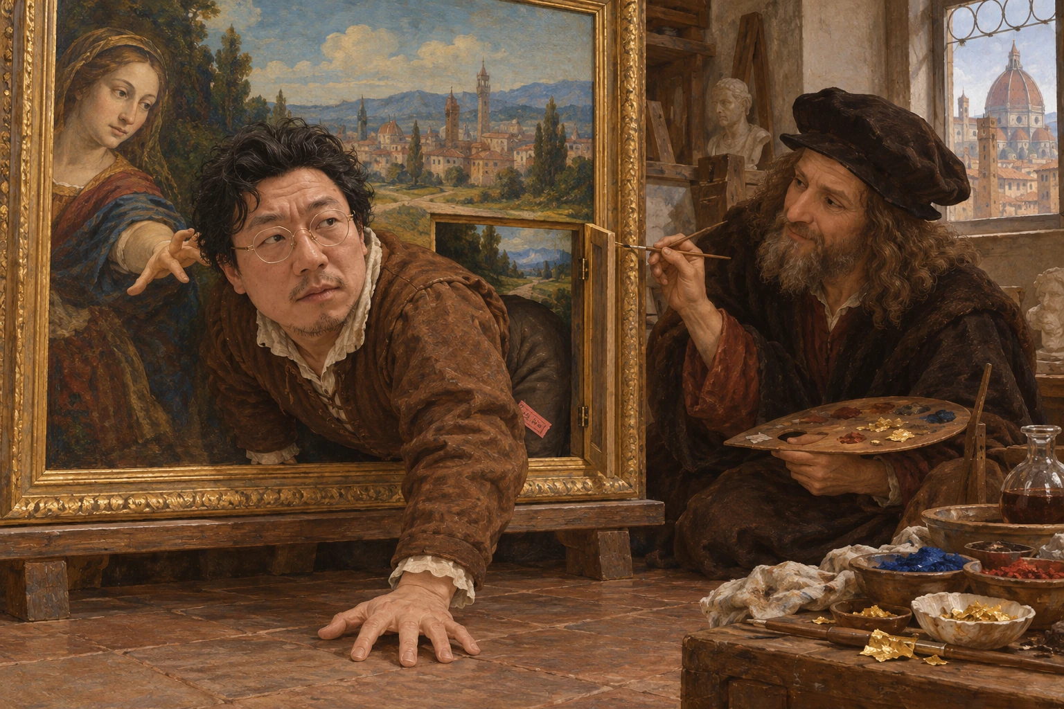 何发从肖像画里画出的小门挤出来,达·芬奇持画笔后退,周围肖像伸出手脚。