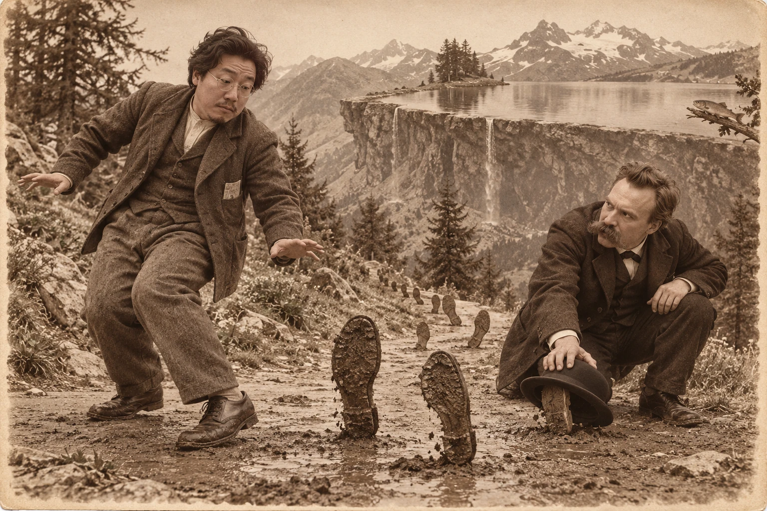 1883年山路上,何发倒穿鞋倒退,尼采拿帽子压住一只活脚印,另一只黑鞋底从泥地直立走起,湖悬在半山腰。