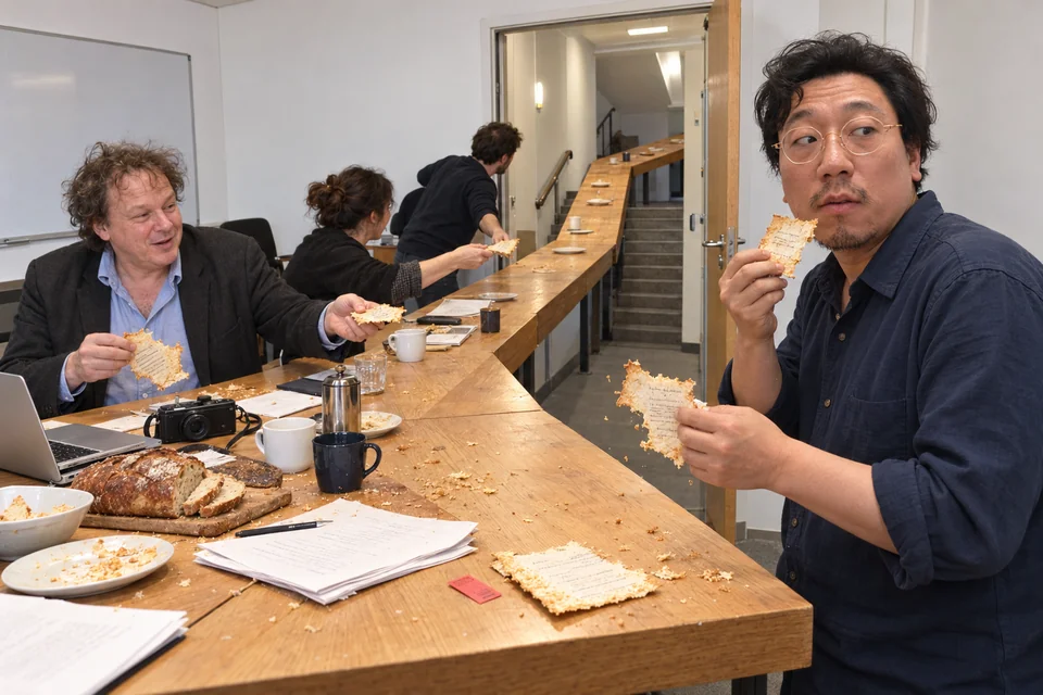 彩色虚构会议空间中，前景右侧一人拿着饼干看向镜头，左边另一人也手持饼干，桌面散着纸、杯子、面包与相机。木长桌向后方门洞连续延伸并变成上楼阶梯，几名背身人物沿其排列，日常物件与不可能的家具关系并存。