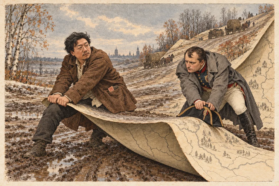 着色版画风格的虚构雪地里，两名褐灰衣人物扶着一幅巨大地图，纸面从前景卷起并延伸成右侧长坡。左人坐低回望，右人弯腰抓住边缘，远处细小队列、河面与枯树沿地图道路延展，淡黄天空笼罩整幅横景。