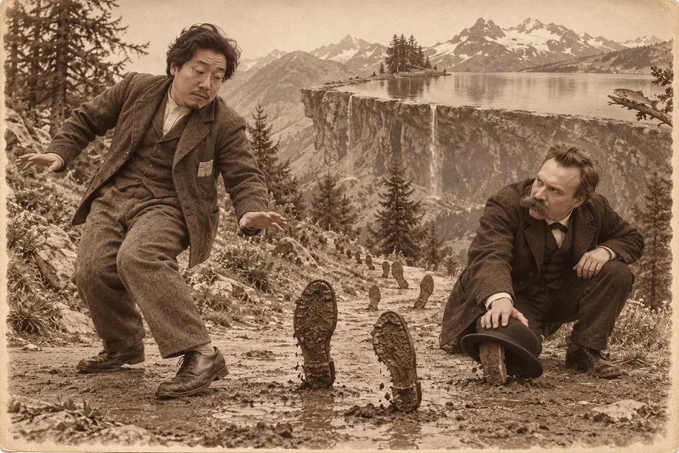 棕褐旧照片风格的虚构山景里，左侧长衣人物弯膝张开双手，右侧有胡须的人蹲地抬头看着他。两只独立靴子从中央地面竖起，身后小队列通向陡峭崖壁，远处雪山与湖面横贯背景，细针叶树夹在人物之间。