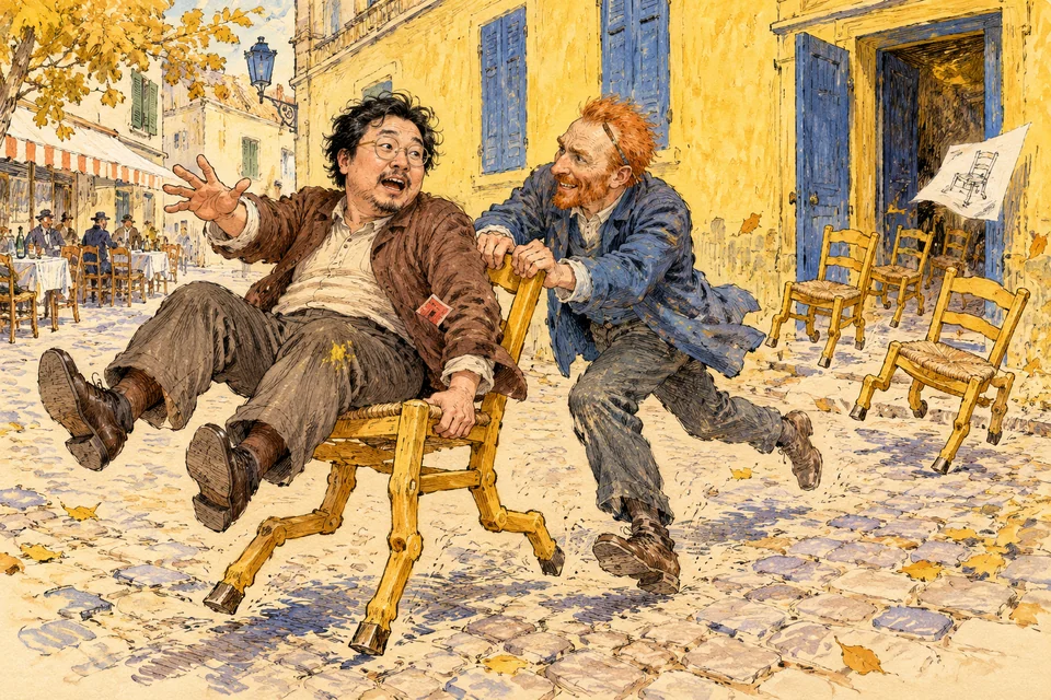 明亮笔触式虚构街景中，一人坐在弯曲木椅上抬起双脚并向左伸手，后方红发人物用手扶近椅背。黄色墙面与蓝门排成斜向透视，空椅散在右侧，石板地面和金黄树叶被细碎色块覆盖，人物姿态充满失衡感。