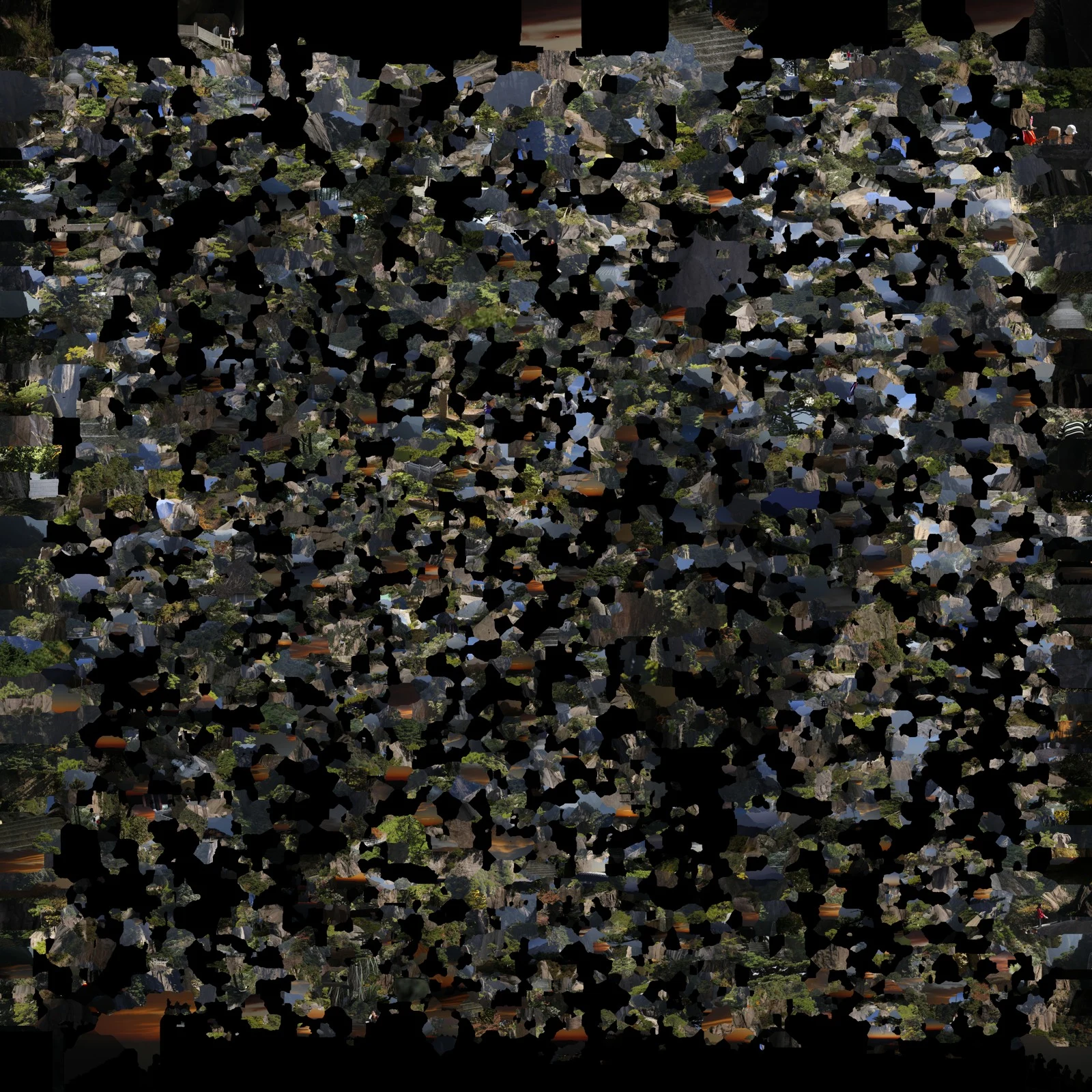 许多山景摄影碎片组成带有黑色间隙的方形画面