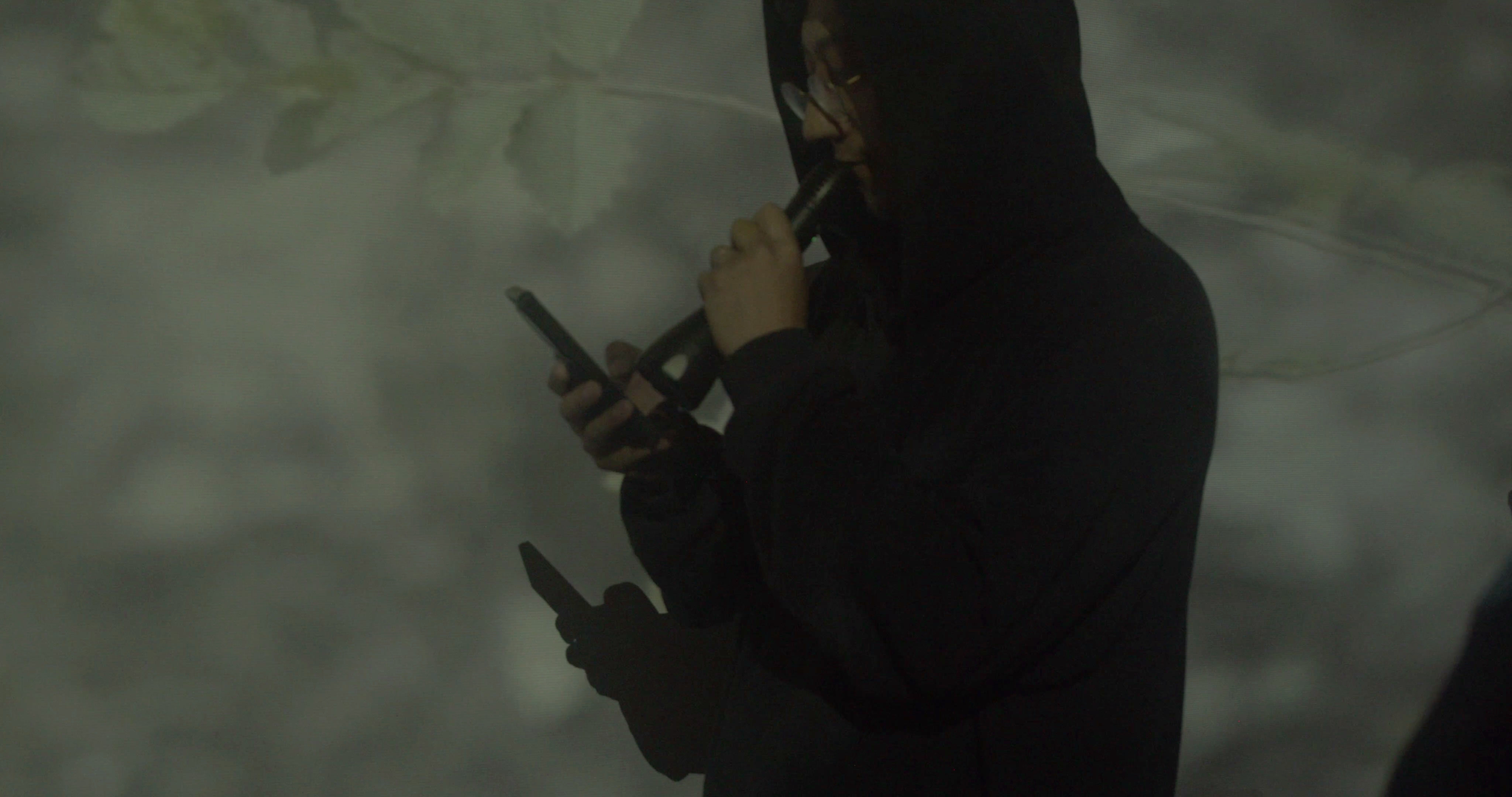 近景里,一名穿黑色连帽上衣的人低头看着手机,另一只手靠近嘴边,双臂与手机投出重叠暗影。灰绿色植物影像覆盖后墙与人物身体,右缘另有裁切的黑色轮廓,手机与手势成为主要视觉焦点。